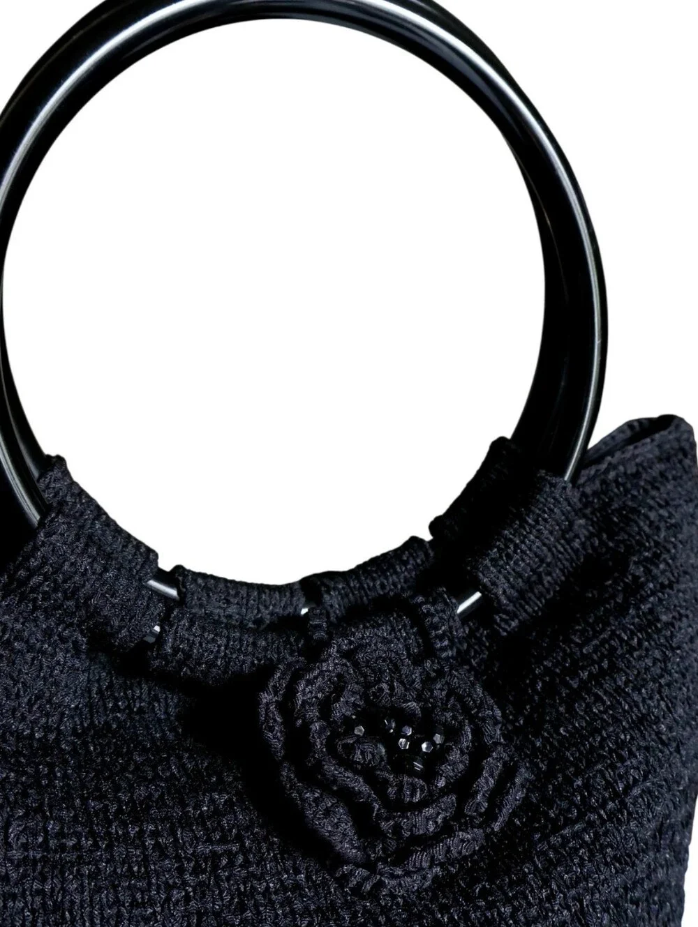 Vintage Black Crochet Flower Handbag O-Ring Handle StructuredBade Tote Boho